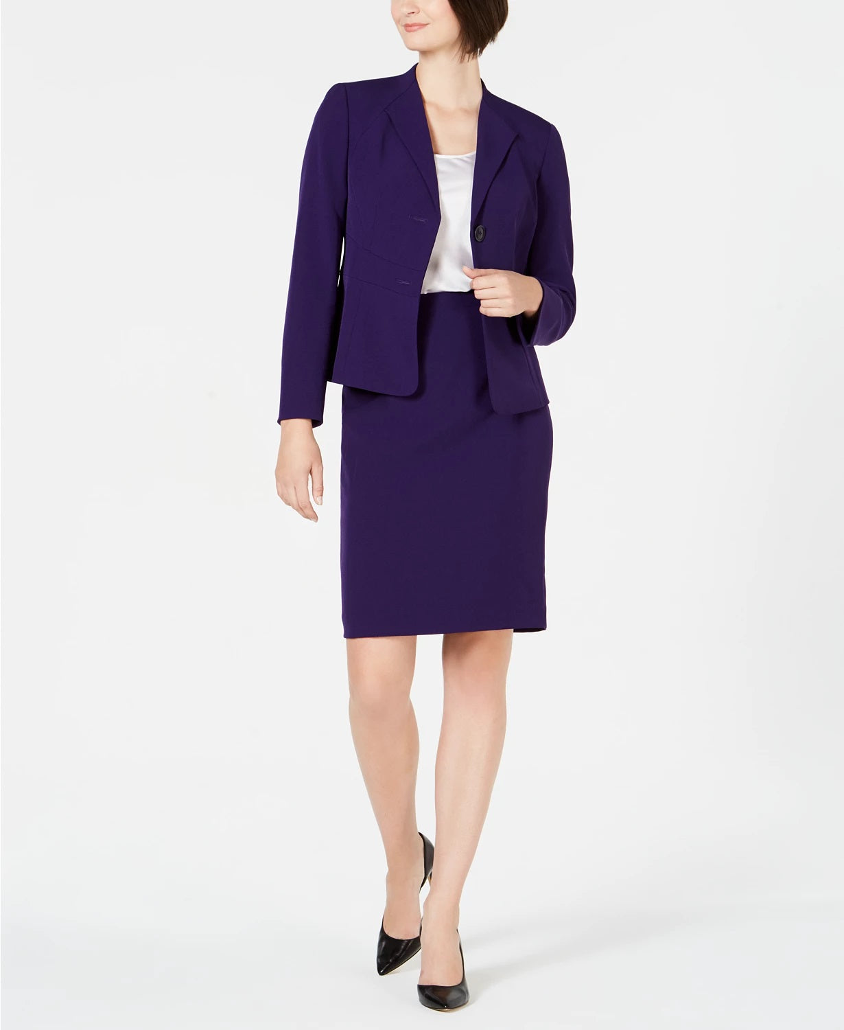 Le Suit Feminino Petite Wing-Collard Skirt Suit Roxo Escuro Tamanho 2P