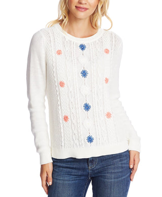CeCe Women's Embroidered Cable Knit Sweater White Natural Size Large