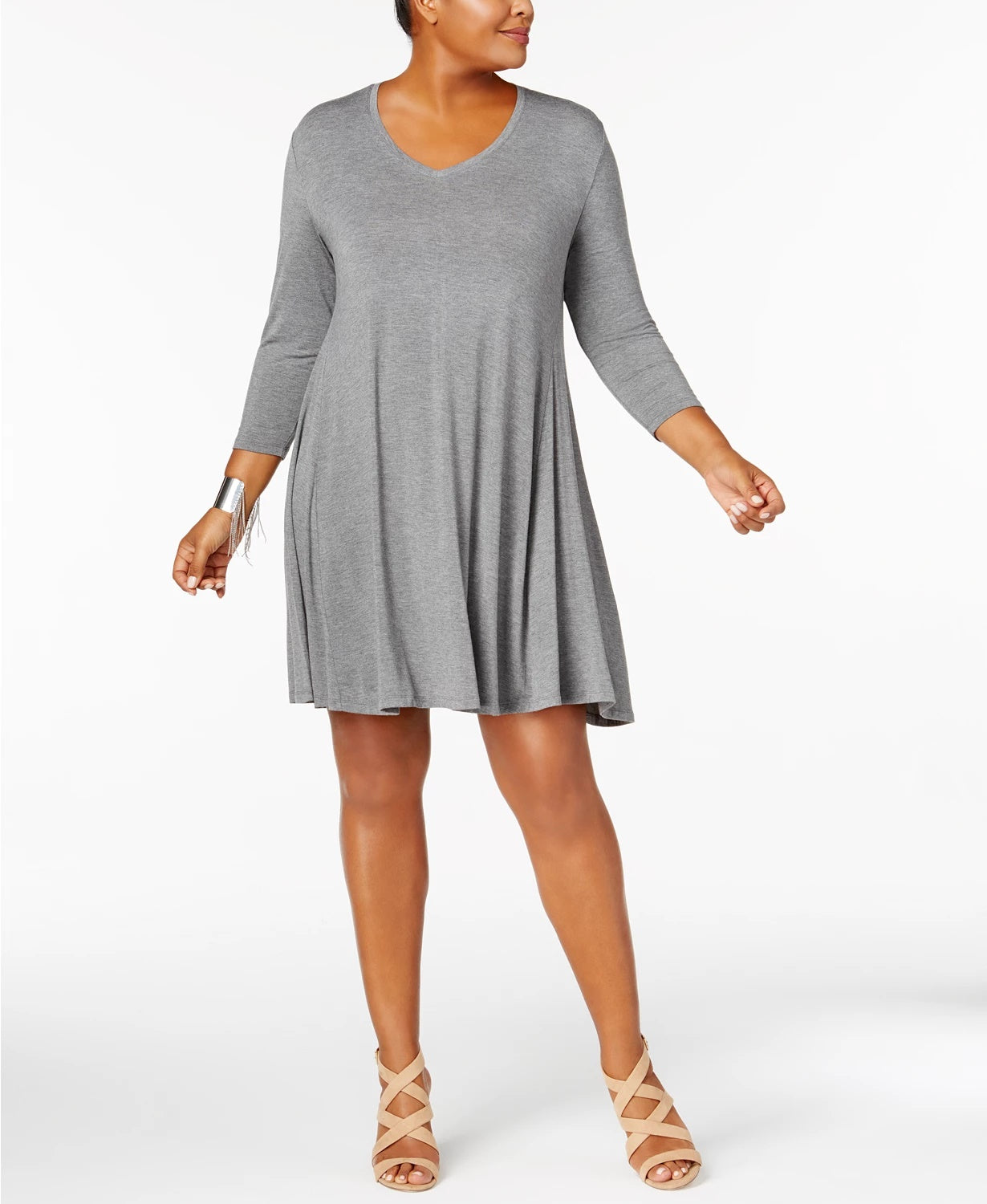 Vestido rodado plus size com decote em V e linha A, cinza, tamanho 1X, estilo &amp; co feminino