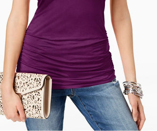 Blusa feminina com decote em V franzido, tamanho XS, roxa, da INC International Concepts