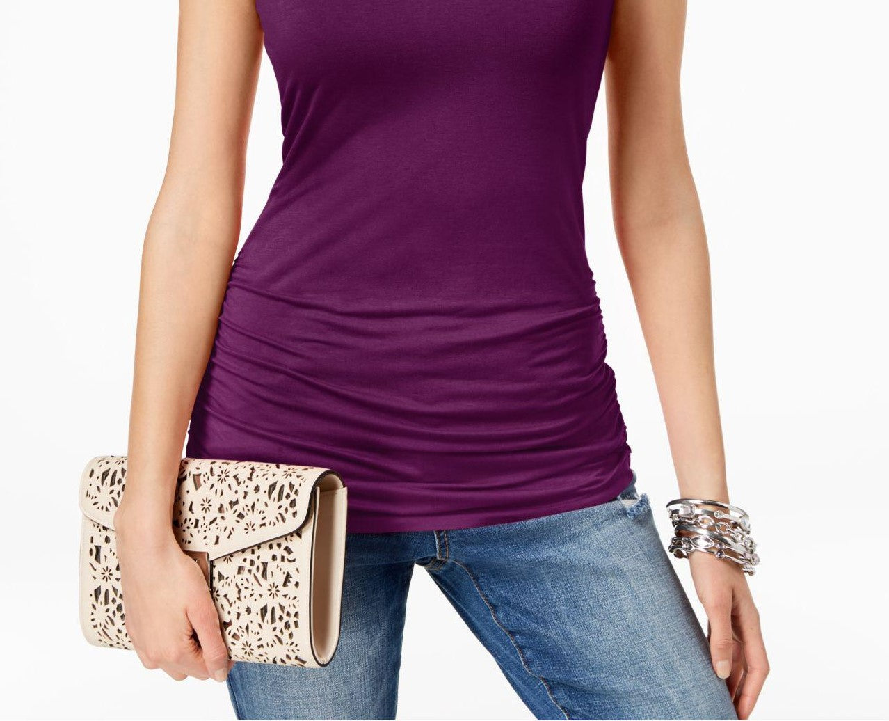 INC International Concepts Top feminino franzido com decote em V, roxo médio, tamanho XXG