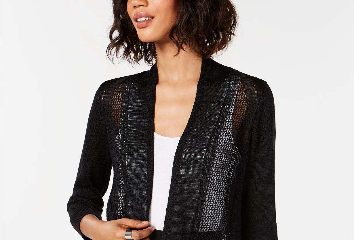 Cardigan Alfani Feminino Petite com Ponto Misto e Frente Aberta, Preto, Tamanho Médio