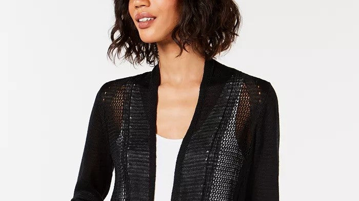 Cardigan Alfani Feminino com Ponto Misto e Frente Aberta, Preto, Tamanho Pequeno