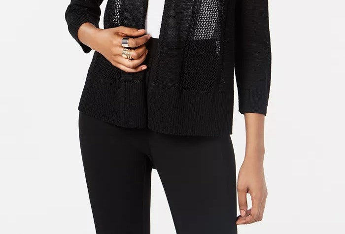 Cardigan Alfani Feminino com Ponto Misto e Frente Aberta, Preto, Tamanho Pequeno