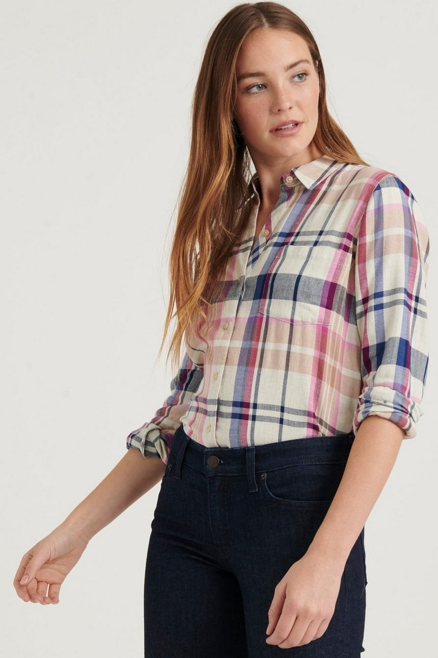 Camisa xadrez feminina clássica Lucky Brand com um bolso, branca, tamanho pequeno