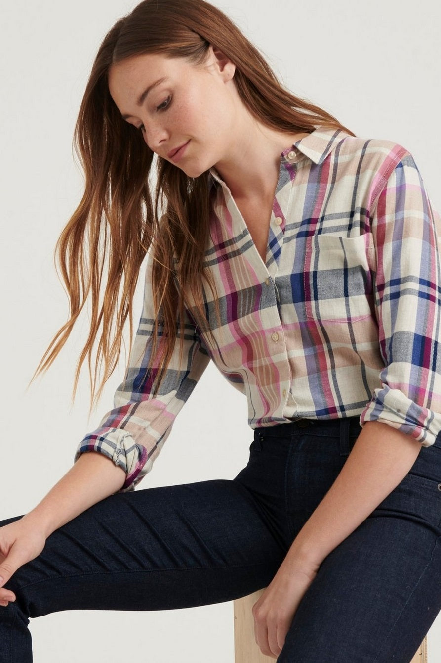 Camisa xadrez feminina clássica Lucky Brand com um bolso, branca, tamanho pequeno