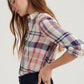 Camisa xadrez feminina clássica Lucky Brand com um bolso, branca, tamanho pequeno