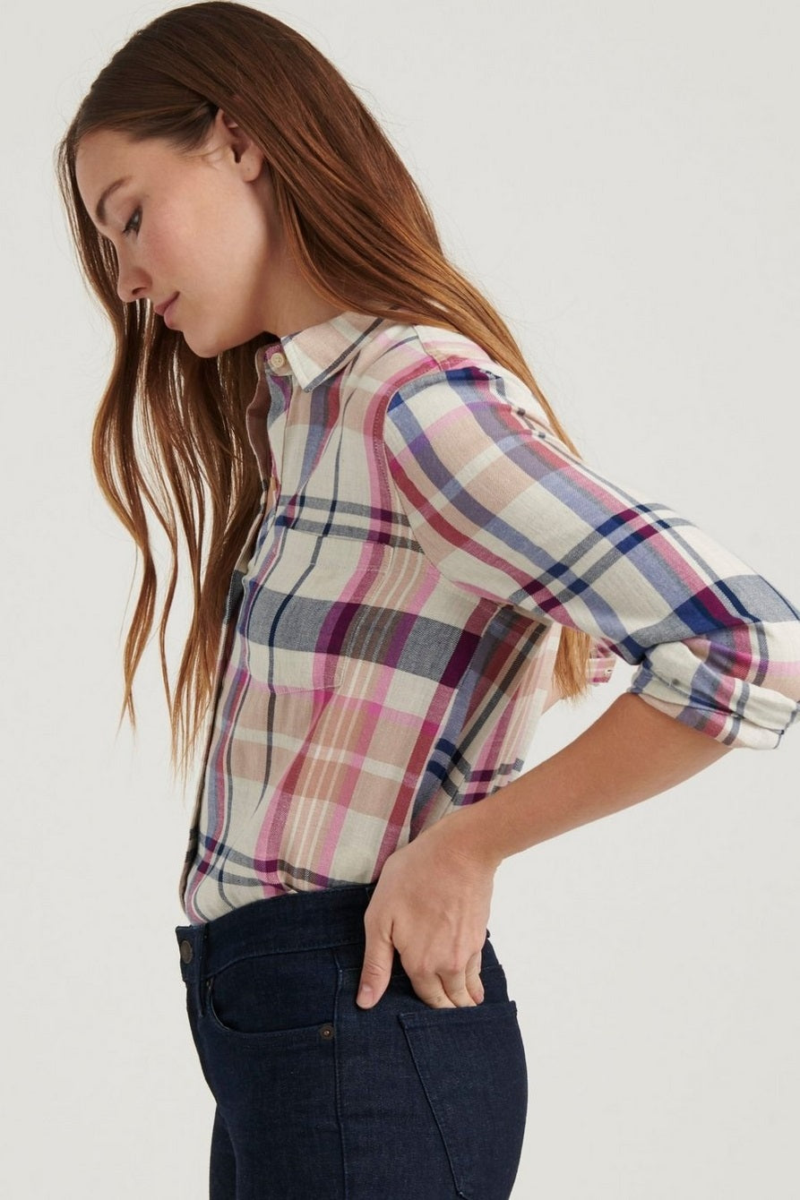 Camisa xadrez feminina clássica Lucky Brand com um bolso, branca, tamanho pequeno
