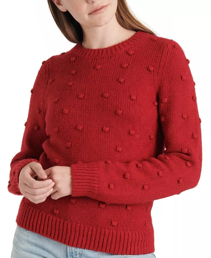 Suéter feminino Lucky Brand com gola redonda e ponto pompom, mistura de algodão, vermelho, tamanho P