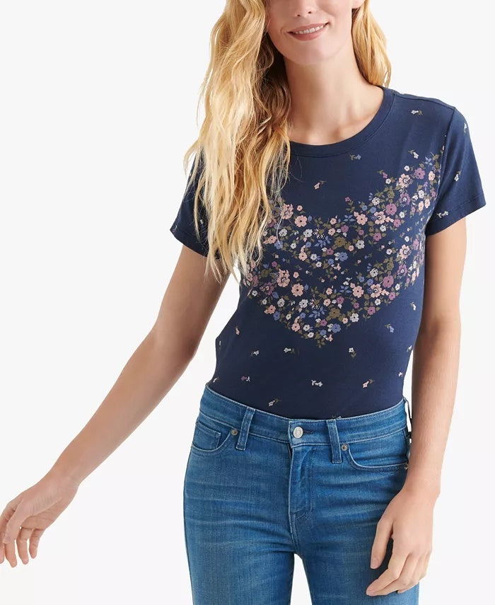 Camiseta feminina com estampa floral Lucky Brand, azul, tamanho X-S