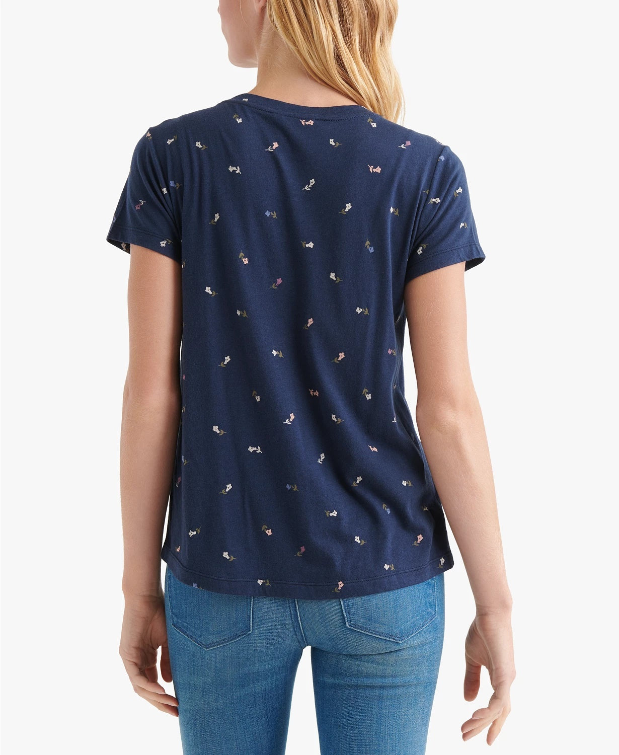 Camiseta feminina com estampa floral Lucky Brand, azul, tamanho X-S
