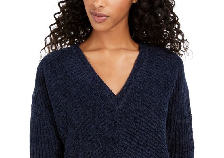Suéter feminino Lucky Brand Chevron canelado em chenille, azul marinho, tamanho médio