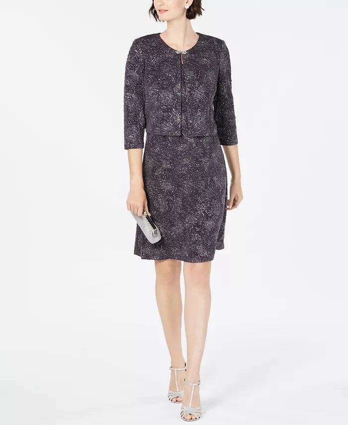 Vestido e jaqueta de malha jacquard feminino Alex Evenings, cinza, tamanho 8