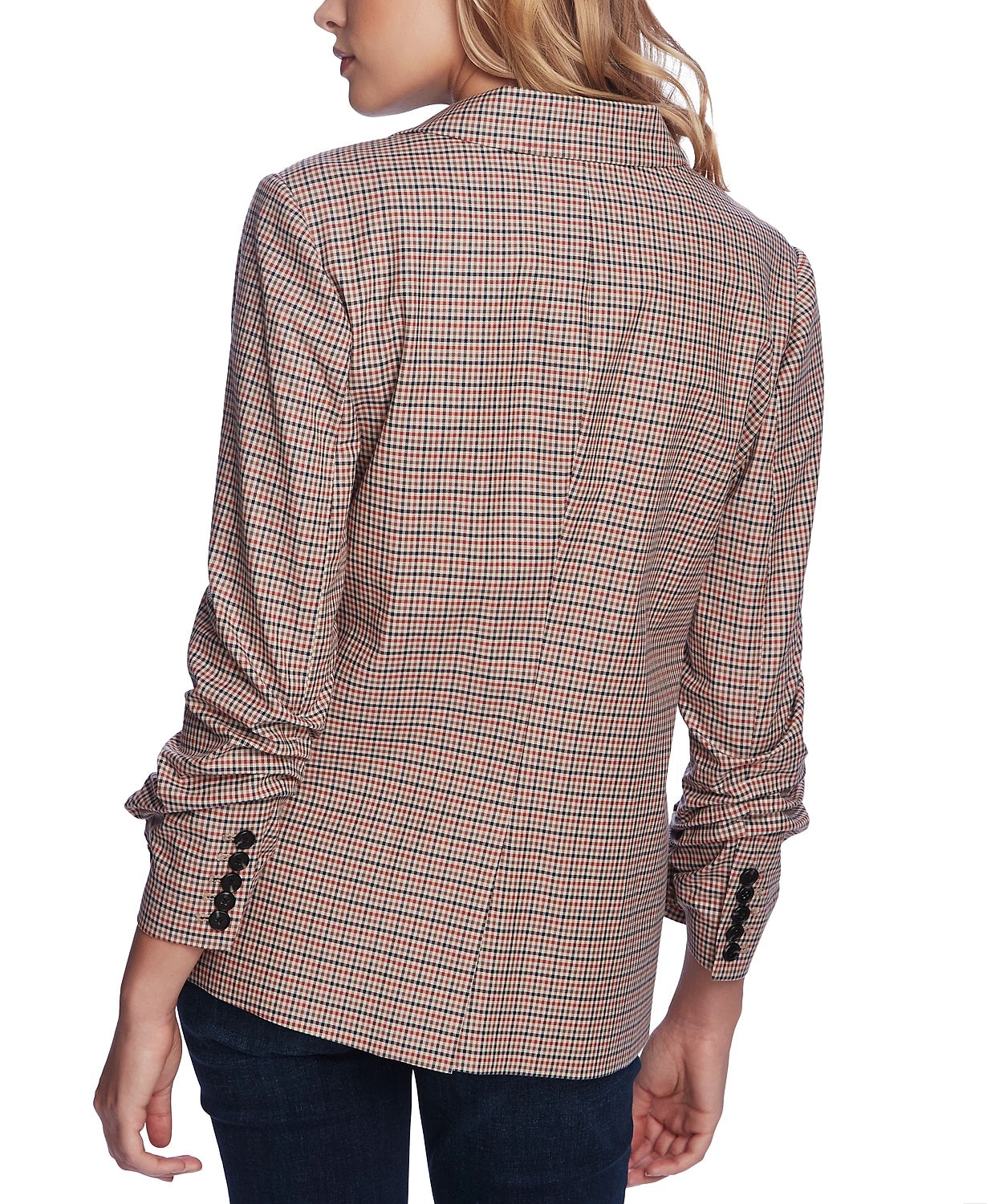 1.STATE Blazer feminino com manga franzida e minixadrez marrom