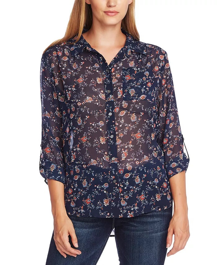 Blusa feminina Vince Camuto com estampa floral e franzido no ombro, azul, tamanho médio