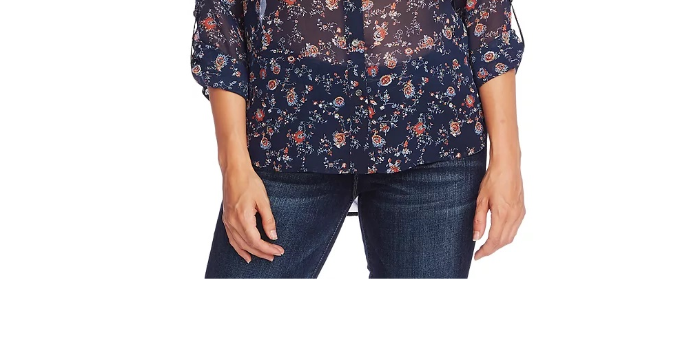 Blusa feminina Vince Camuto com estampa floral e franzido no ombro, azul, tamanho médio