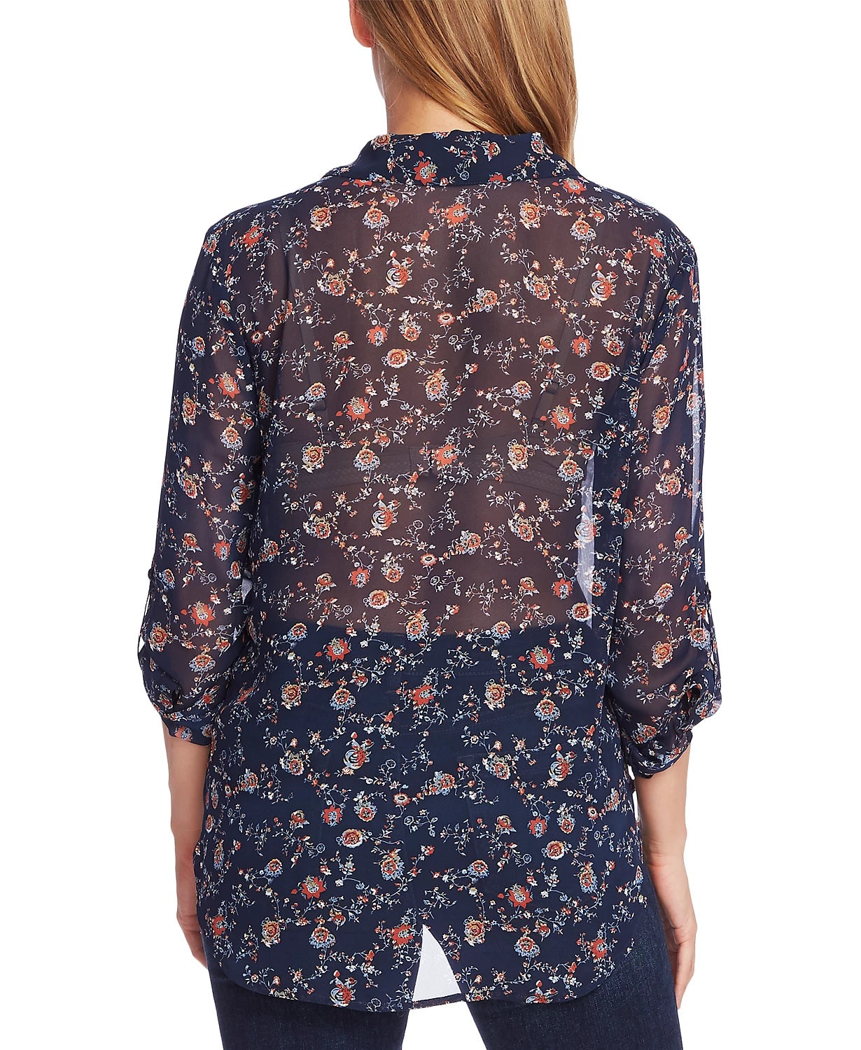 Blusa feminina Vince Camuto com estampa floral e franzido no ombro, azul, tamanho médio
