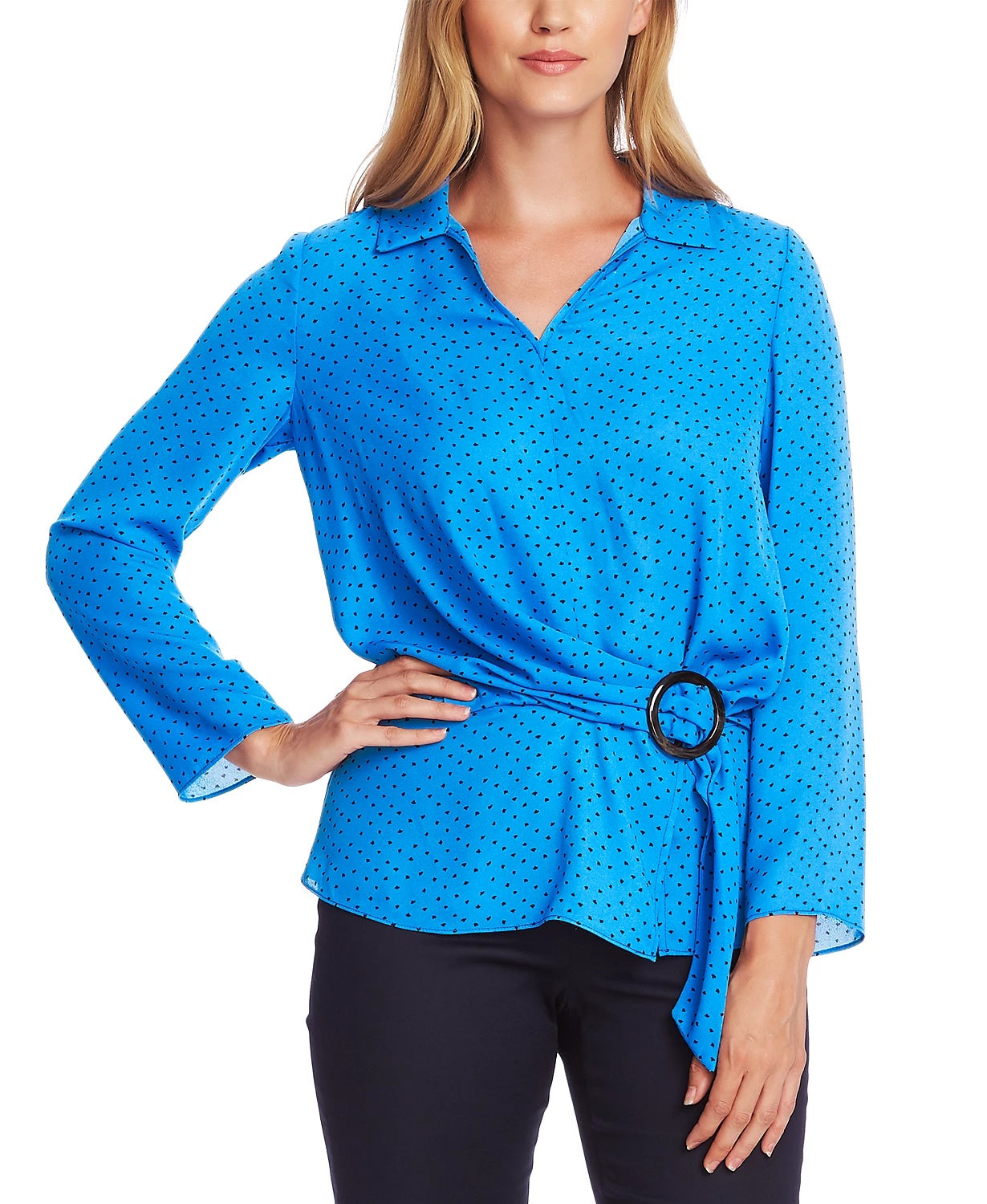 Vince Camuto Blusa feminina Ditsy Fragments manga comprida com cinto tamanho azul tamanho pequeno