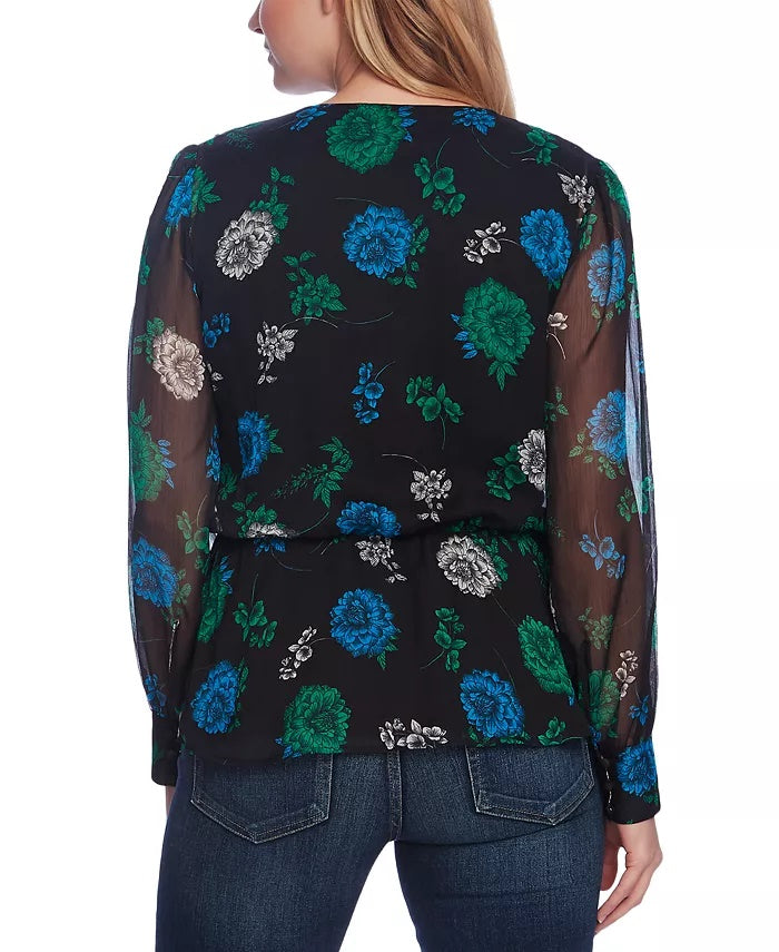 Top feminino Vince Camuto com estampa floral e cintura marcada, preto, tamanho pequeno