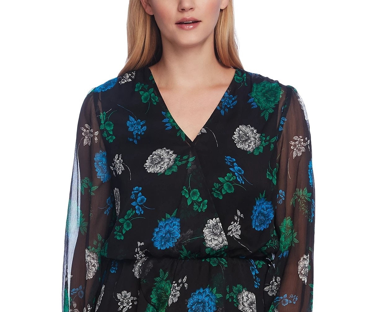 Top feminino Vince Camuto com estampa floral e cintura marcada, preto, tamanho pequeno