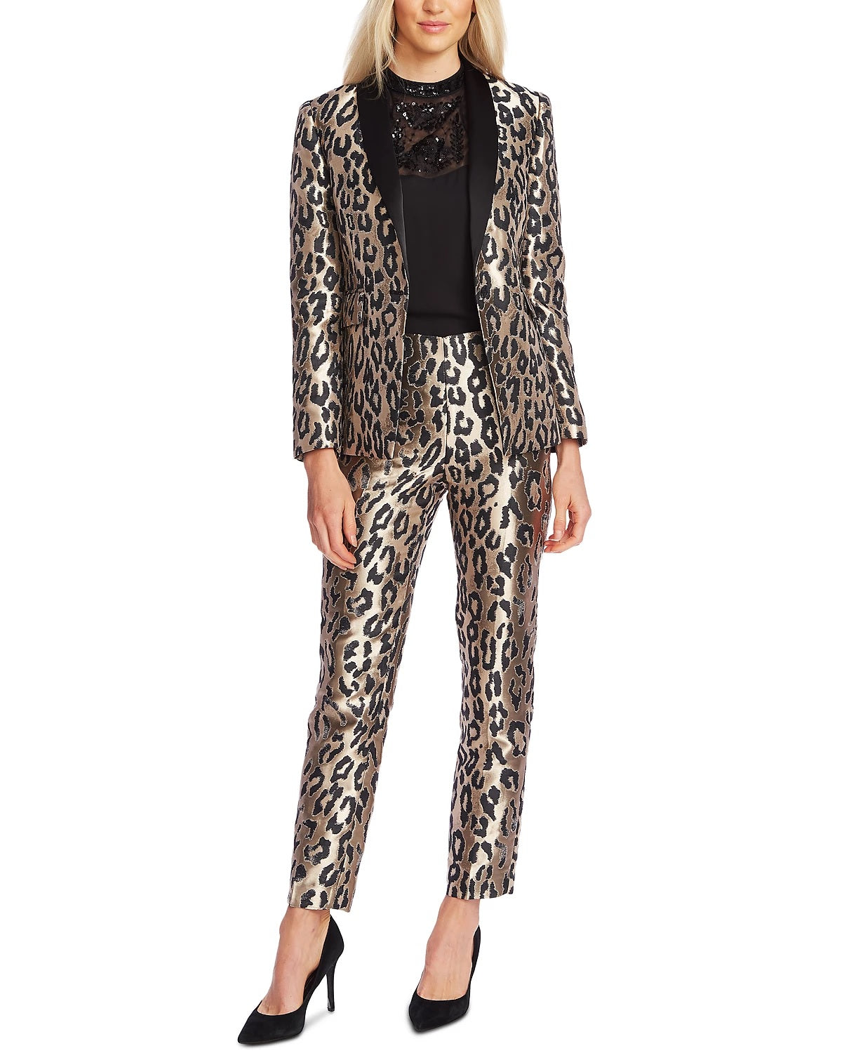 Blazer feminino Vince Camuto com estampa de leopardo e jacquard, tamanho 0 - preto e cinza, tamanho 0