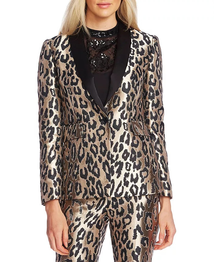 Blazer feminino Vince Camuto com estampa de leopardo e jacquard, tamanho 0 - preto e cinza, tamanho 0