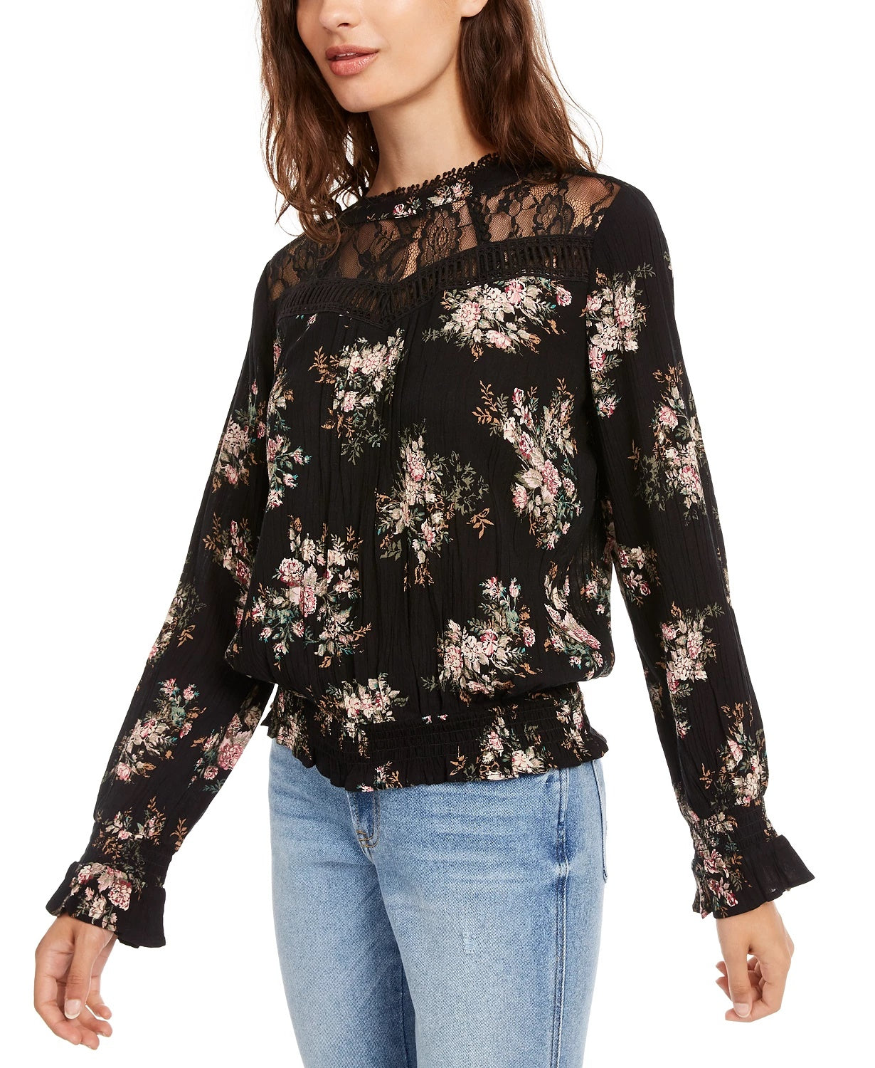 Blusa com babados e acabamento em renda da American Rag Juniors, preta, tamanho extra pequeno