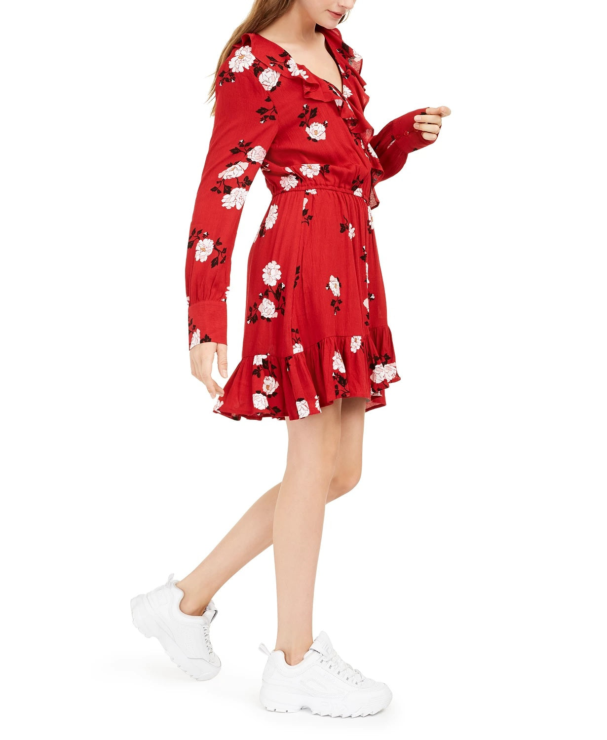 Vestido envelope floral sintético American Rag Juniors, tamanho médio, vermelho
