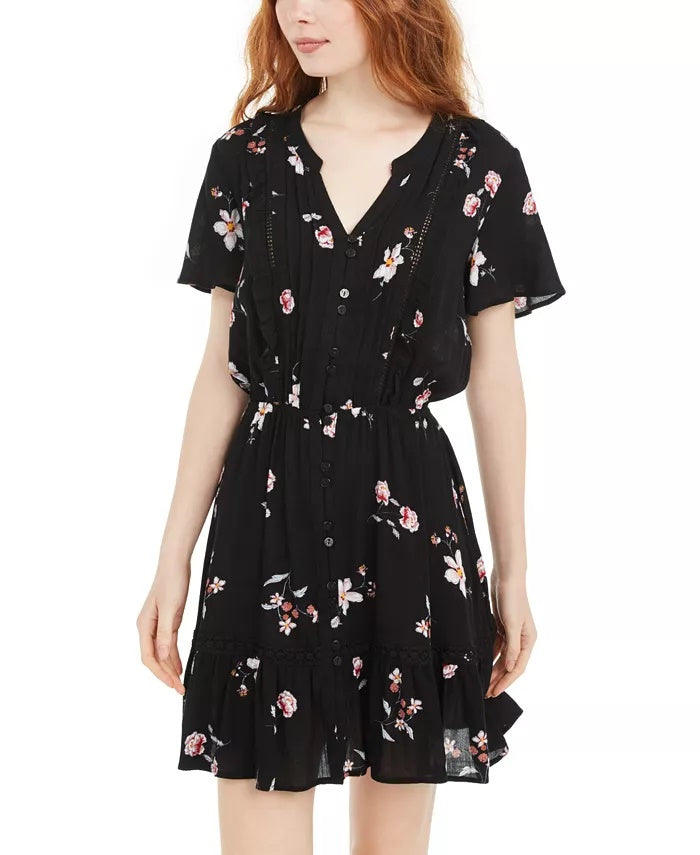 Vestido Pintuck com estampa floral da American Rag Juniors, preto, tamanho médio