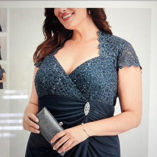 Vestido feminino plus size Betsy &amp; Adam com lantejoulas e renda franzida, azul, tamanho 24W