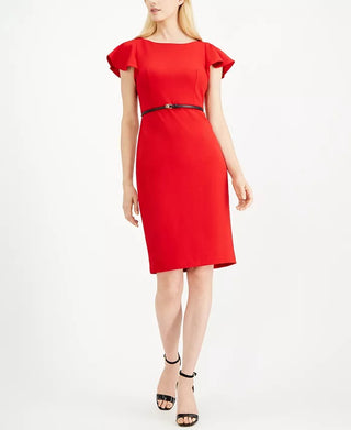 Vestido Calvin Klein Feminino com Cinto e Mangas Babadas, Vermelho, Tamanho 8