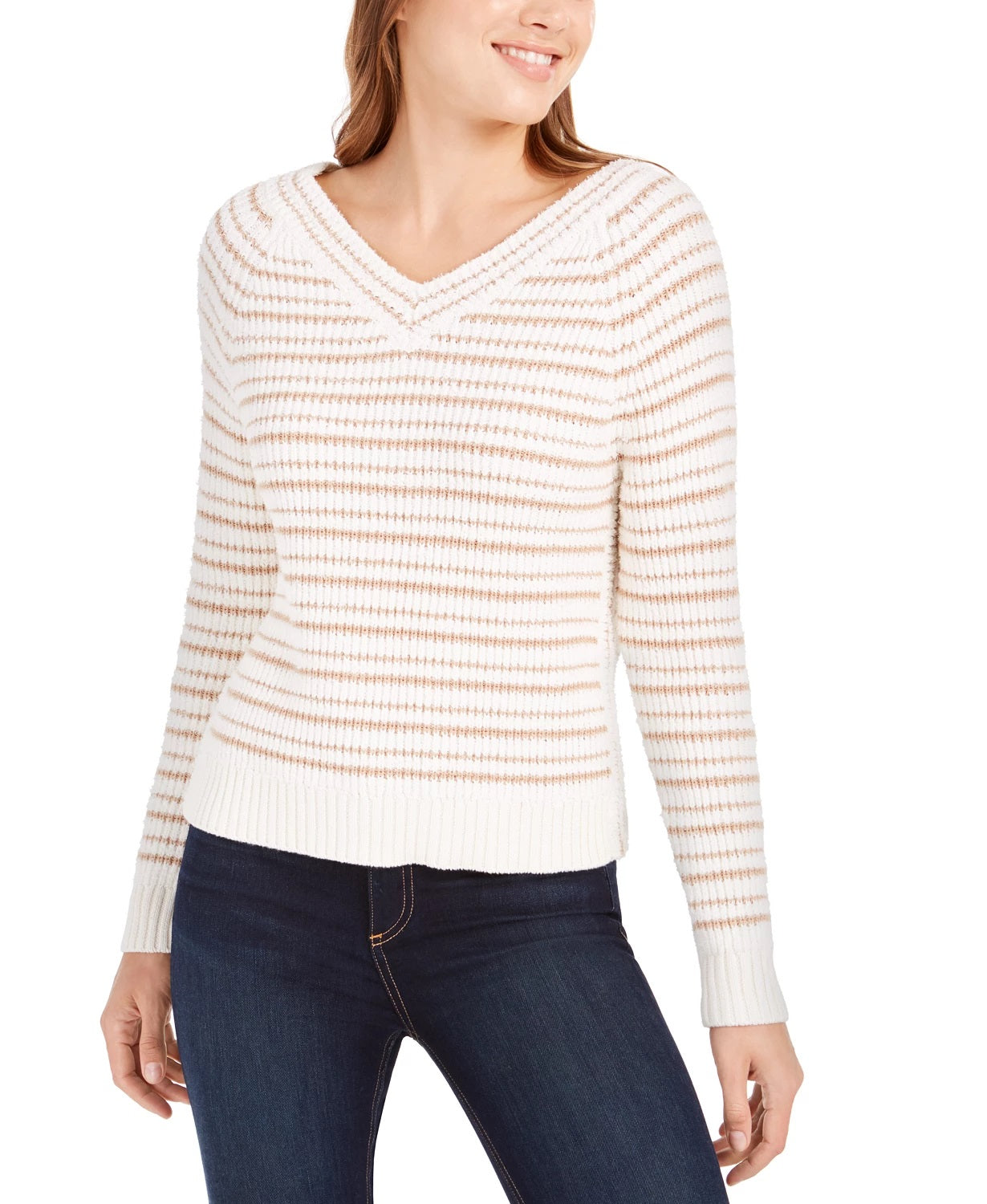Suéter Calvin Klein Feminino Listrado Gola V Branco Tamanho Grande
