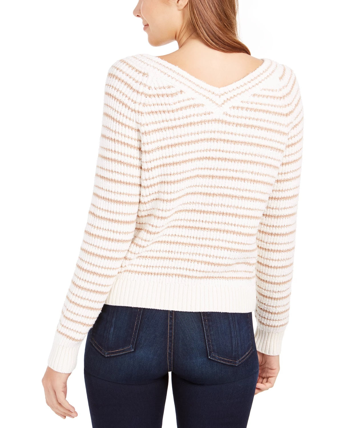 Suéter Calvin Klein Feminino Listrado Gola V Branco Tamanho Grande