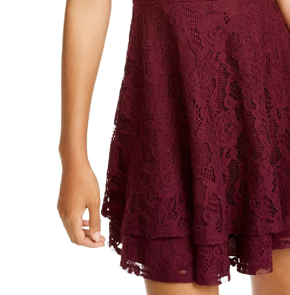 Vestido infantil de renda com saia dupla evasê, roxo, tamanho 7
