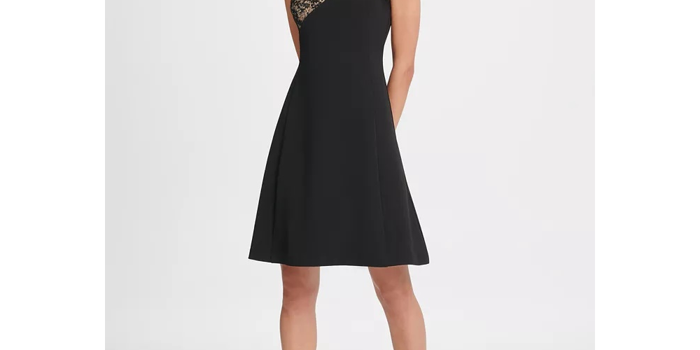 Vestido feminino DKNY com lantejoulas e crepe, corte justo e flare, preto, tamanho 4
