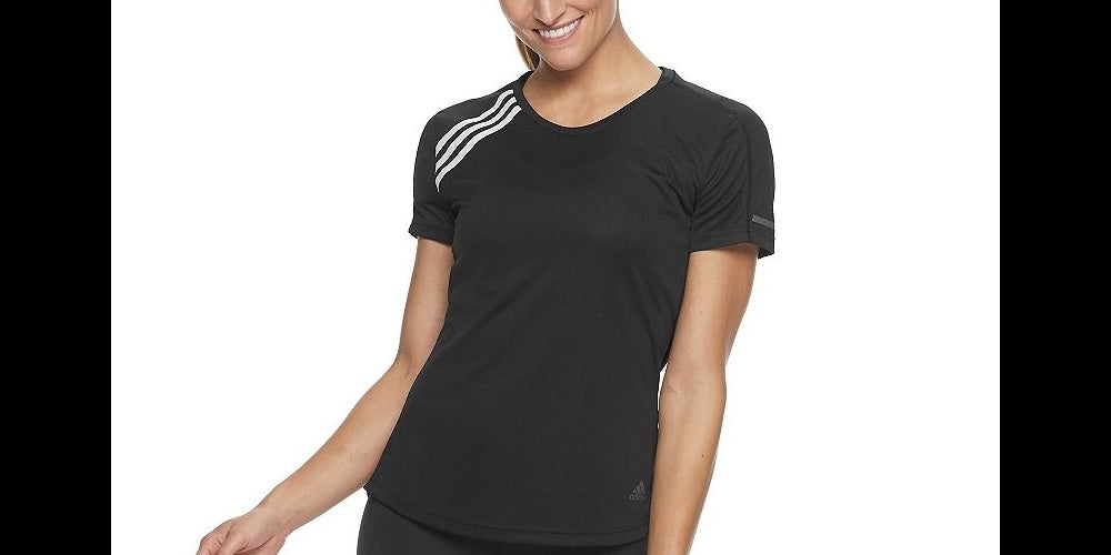 Camiseta de corrida feminina Adidas com 3 listras no ombro, preta, tamanho pequeno