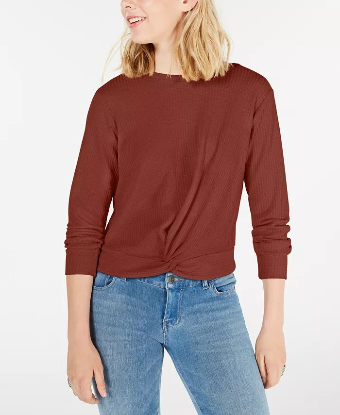 Gypsies &amp; Moondust Juniors' Top de malha waffle com frente torcida marrom tamanho grande