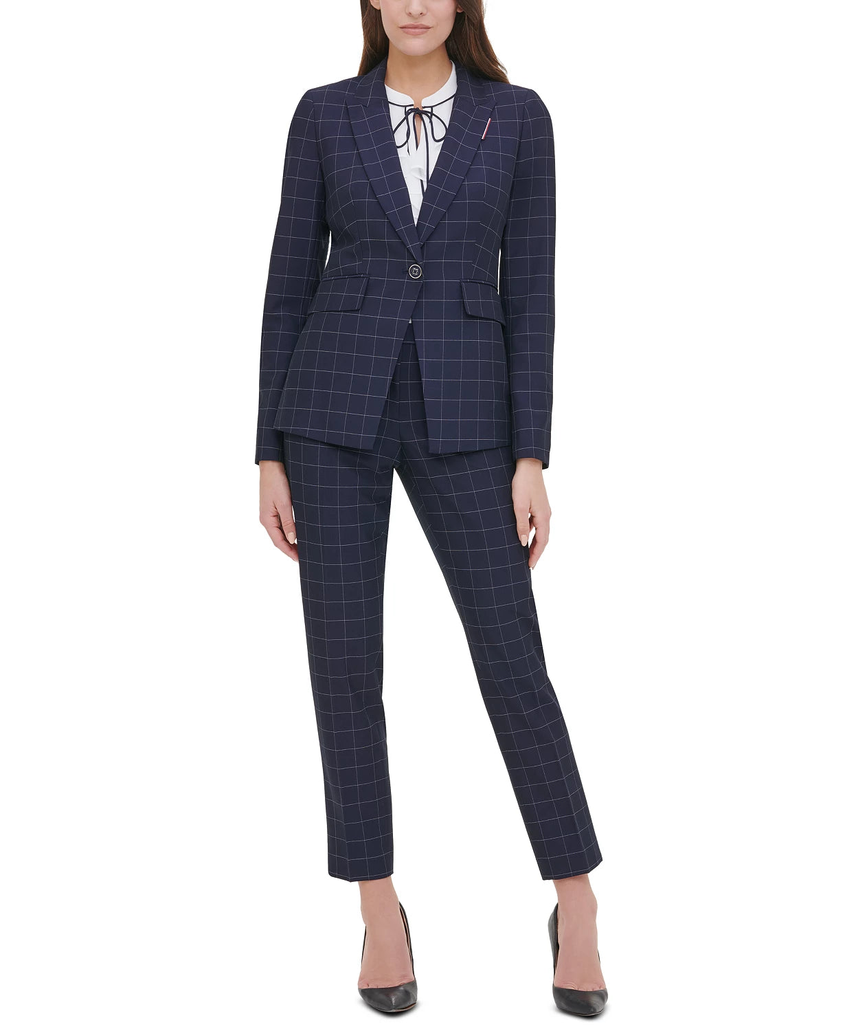 Tommy Hilfiger Blazer Feminino com Estampa de Janela e Botão Único Azul Tamanho 2