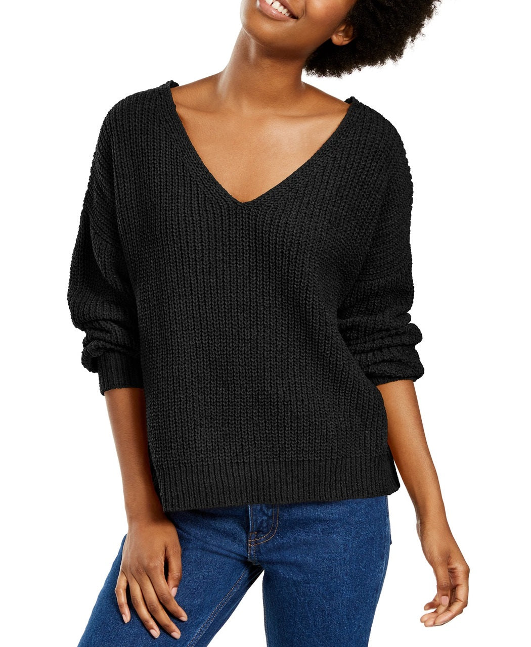 Suéter Hippie Rose Juniors Chenille com decote em V, preto, tamanho pequeno