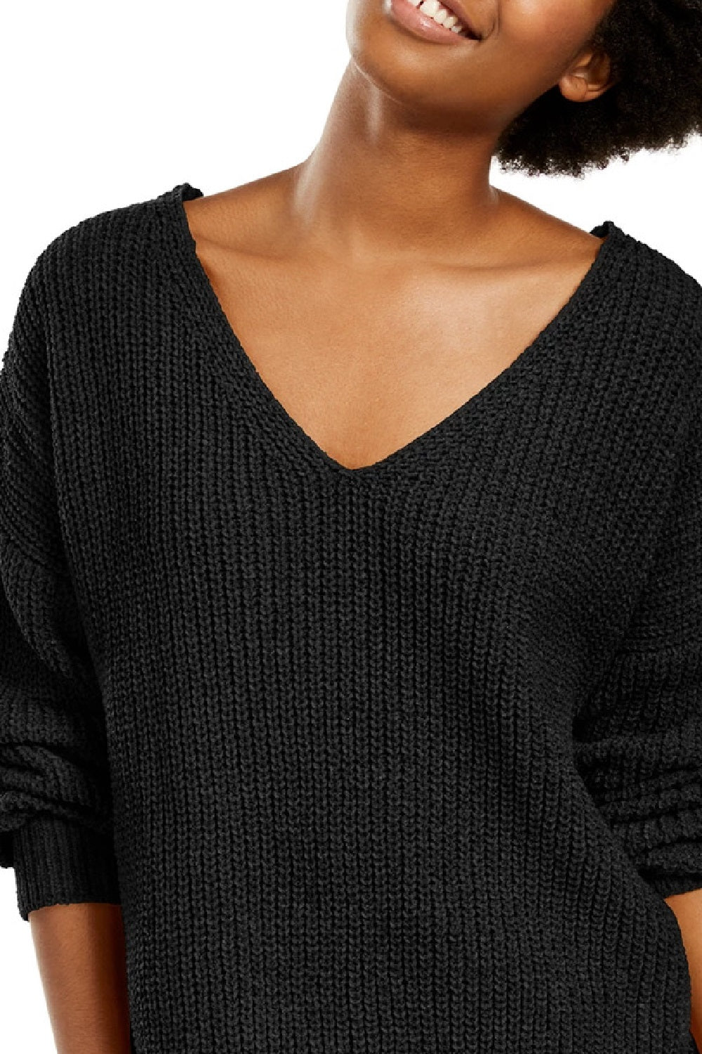 Suéter Hippie Rose Juniors Chenille com decote em V, preto, tamanho pequeno