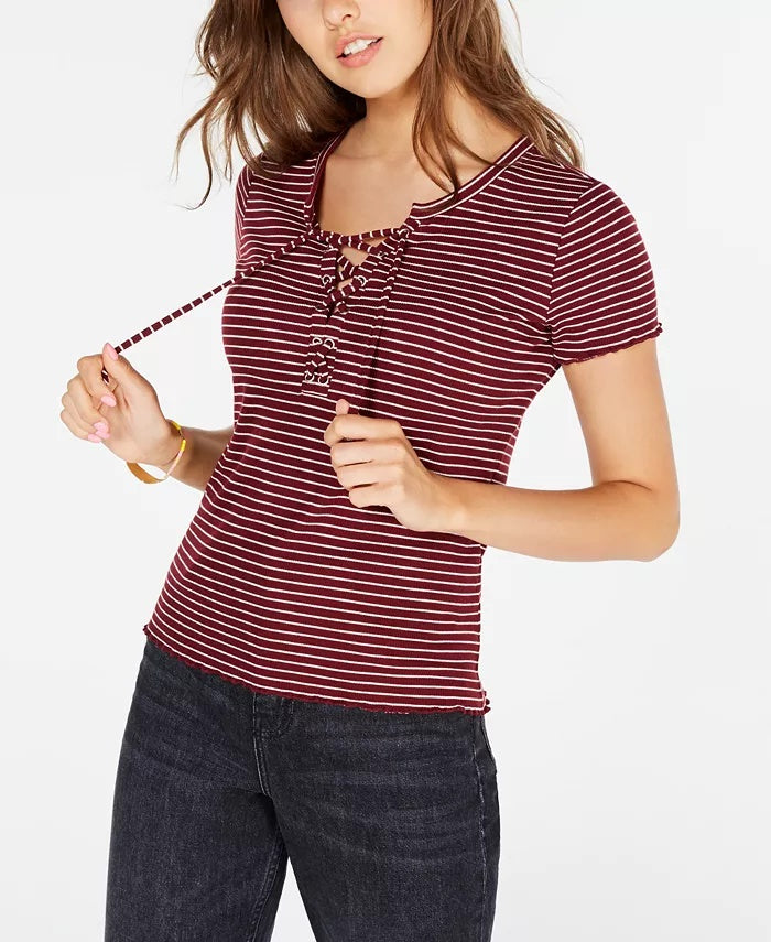 Top de malha canelada com cadarço Hippie Rose Juniors, vermelho escuro, tamanho extra grande