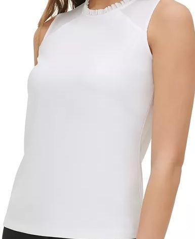 Tommy Hilfiger Blusa sem mangas com decote em V e babados, tamanho P, branca