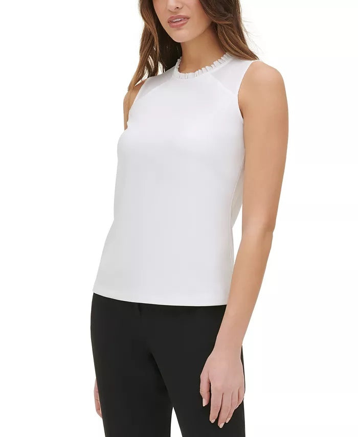 Tommy Hilfiger Blusa sem mangas com decote em V e babados, tamanho P, branca