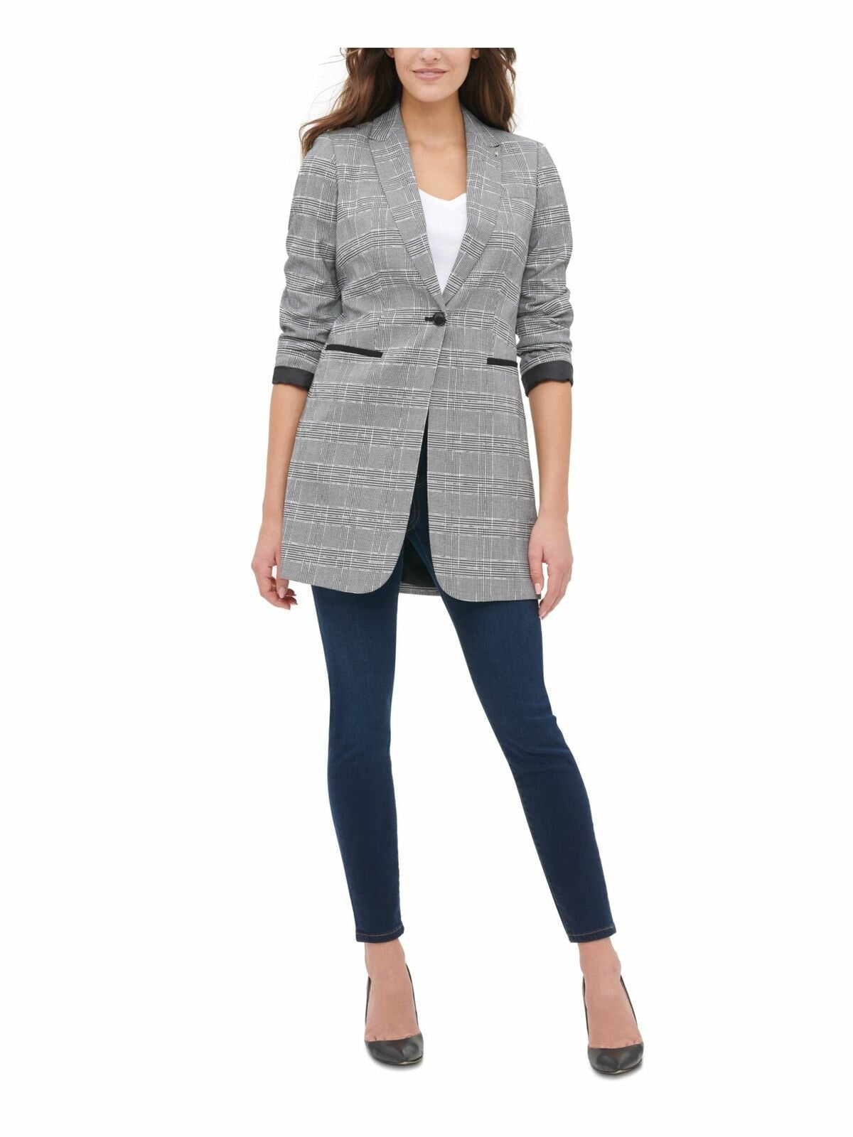 Blazer xadrez feminino Tommy Hilfiger para usar no trabalho, jaqueta cinza, tamanho 2