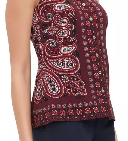 Blusa Tommy Hilfiger Feminina Estampada Paisley com Botões e Gola Vermelha Tamanho Médio
