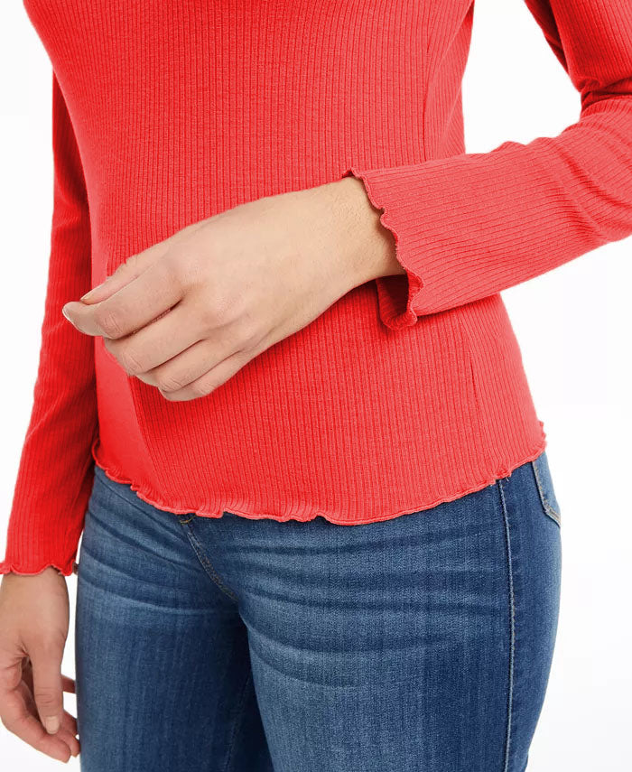 Top canelado com borda de alface Hippie Rose Juniors vermelho brilhante tamanho pequeno