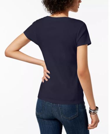 Camiseta feminina Tommy Hilfiger de algodão com decote redondo, tamanho médio, azul-marinho