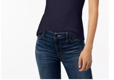 Camiseta feminina Tommy Hilfiger de algodão com decote redondo, tamanho médio, azul-marinho