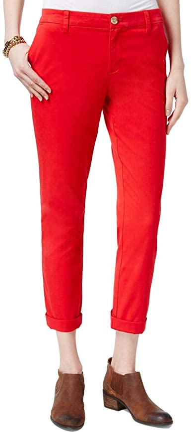Calça chino reta com punho Tommy Hilfiger feminina, vermelha escura, tamanho 8