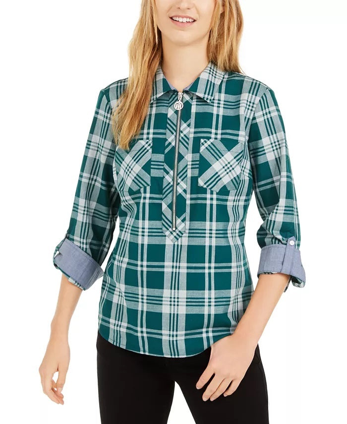 Tommy Hilfiger Top feminino de algodão xadrez popover verde tamanho XS